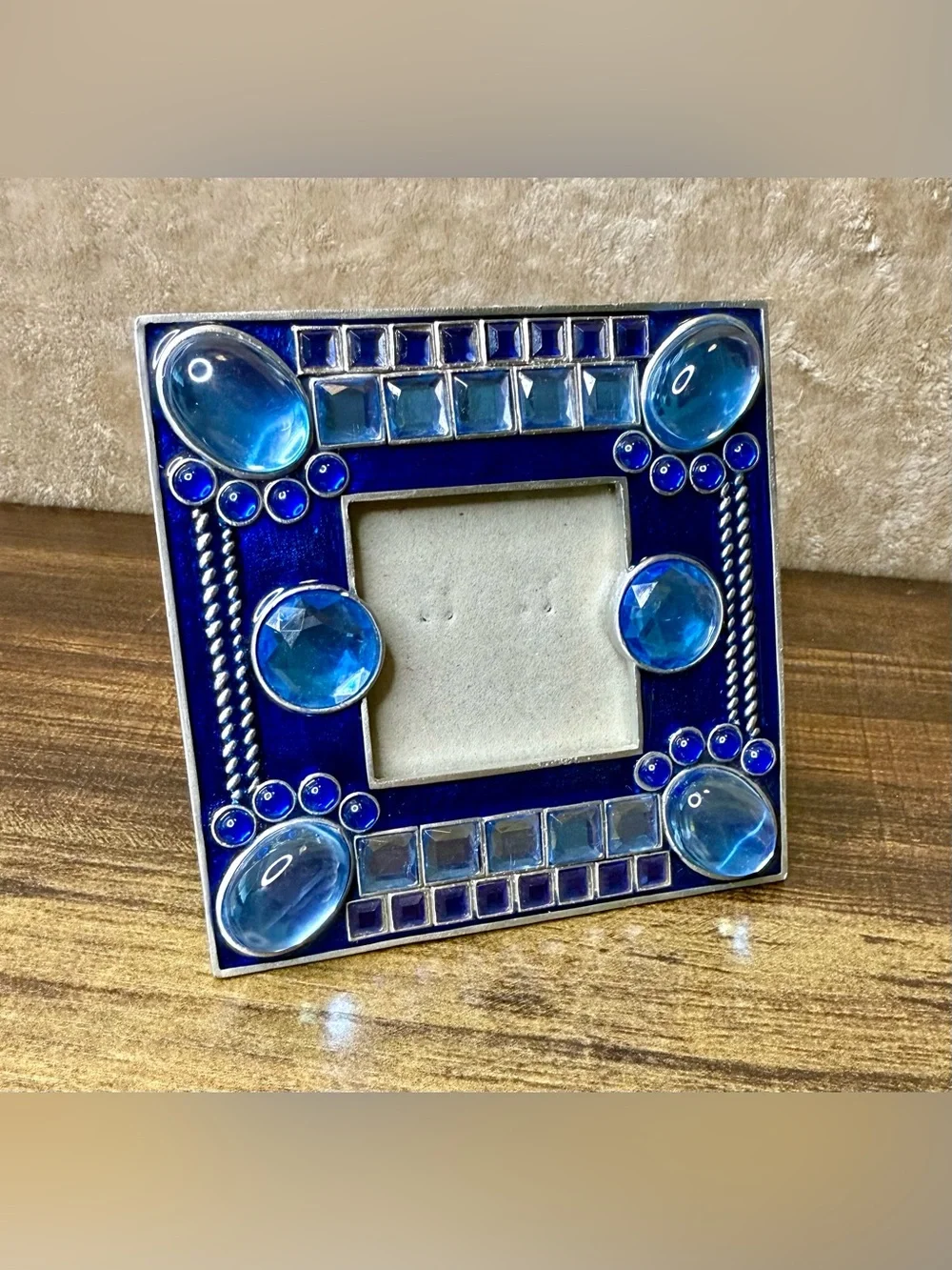 Y2K Ornate Jewel Blue Enamel Pewter Picture Frame 2x2 Photo Funky 90s Whimsigoth